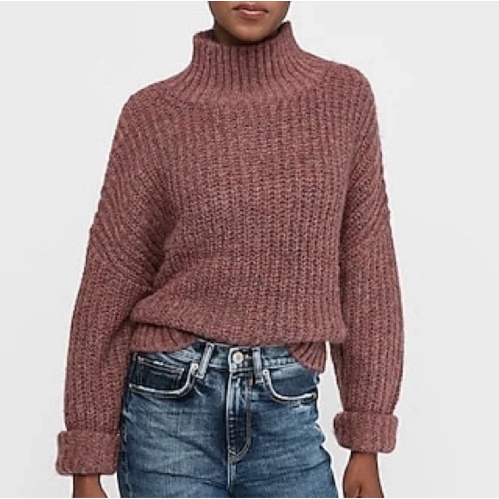 Express Sweater Women S/M Chunky Knit Mock Neck Wool Blend Mauve Ribbed Relaxed